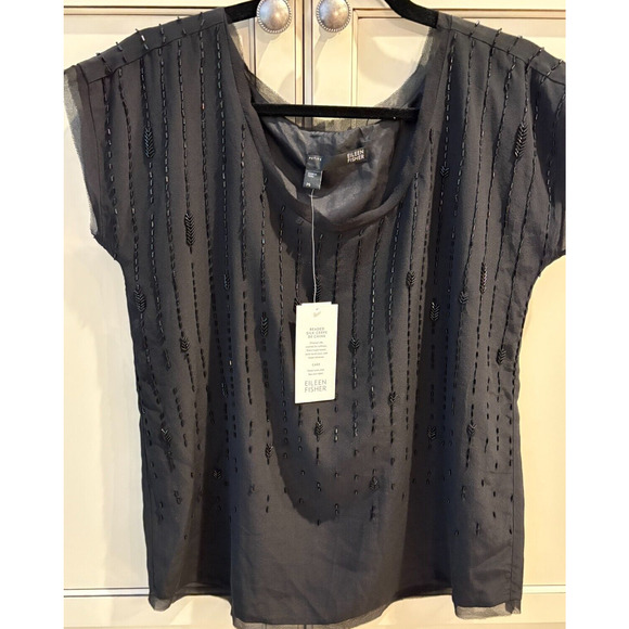 Eileen Fisher Womens Petite Small Silk Beaded Blouse Black NEW MSRP $229 - Picture 1 of 5